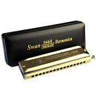 1664 Swan Gold Finish Chromatic Harmonica 16 Hole 64 Tone Key Of C Case 601187037232