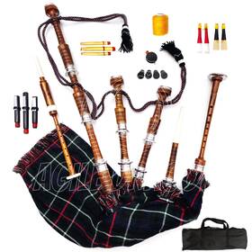 Agile Dragon 303949445216 Great Highland Scottish Bagpipes Silver Mount Natural Finish With Bag Tutor Book