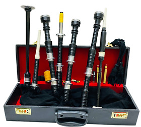 Black Scottish Highland Bagpipes Full Silver Mounts With Hard Case And Tutor Book