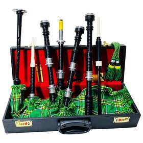D-534 Dragon Black Scottish Highland Bagpipes Irish Green Tartan Silver Mounts With Hard Case
