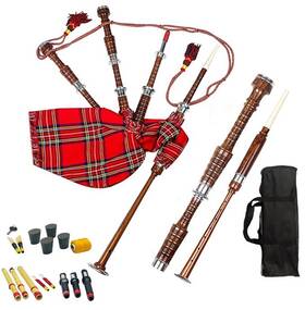 Nr-b8910-fd Dragon Wears Natural Rosewood Highland Scottish Bagpipes - Silver Mounts Royal Stewart Tartan