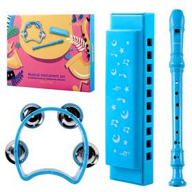 Df300-blue East Top 3pcs Recorder Musical Instrument Set Including Harmonicaflutetambour