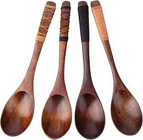 Golden Pearl 763032018824 4pc-handmade Japanese Style Wooden Soup Spoons With Tied Line On Handle