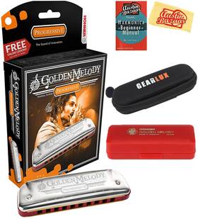 Hohner 810037696837 544 Golden Melody Harmonica Bundle With Carrying Case Pouch Beg Inch