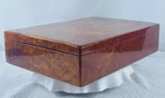 Vtg. Large Pivoting Lacquered Burl Wood Box Case Size 12" 8-7/8" 2-7/8". Fixed Price $49.95.