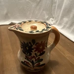 Ceramic Pitcher Beige Multicolor Floral Hand Painted Glossy W/ Lid Qt 10". Fixed Price $14.80.